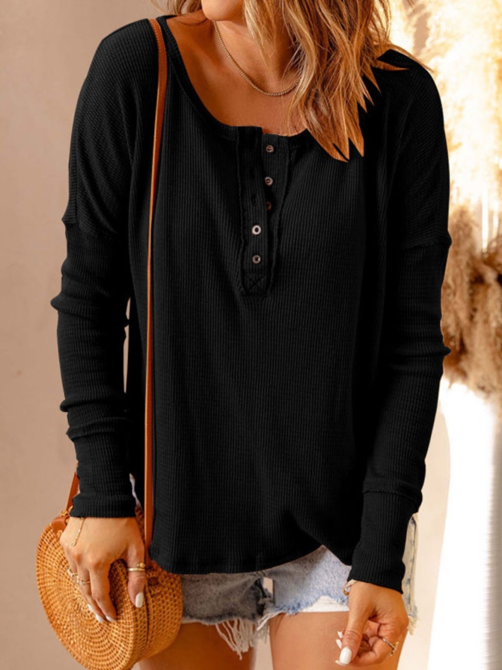 1269. Black Henley waffle knit long sleeve top